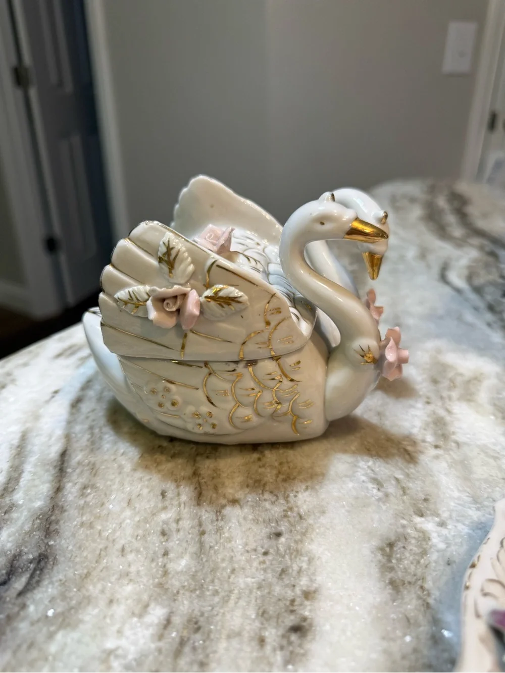 Vintage Porcelain Swan Trinket Box Pink Roses Gold Trim Romantic Decor Japan